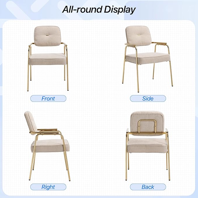 Accent Chair Dining Chair Set of 2 Chenille Upholstered Armchair Reading Side Chair Comfy Living Room Chair with Gold Metal Legs for Bedroom Waiting Room Beige