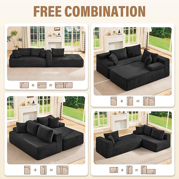 Hobestluk Modular Sectional Couch Sofa 108 Boneless Couches for Living Room Memory Foam Sectional Couch with Oversized ChaiseL-Shape Couches (Black Right Facing)