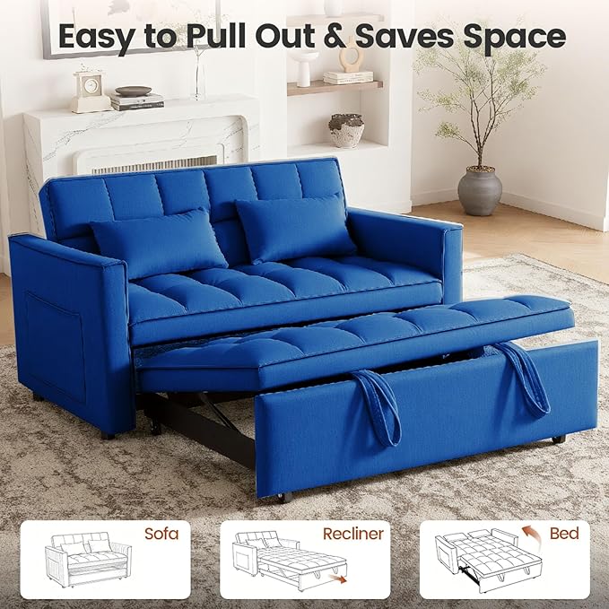 3 in 1 Sofa Bed Love Seat Sleeper Bed with Side Pockets Velvet Fabric Pull Out Couch with Adjustable Backrest for Living Room Bedroom Apartment Blue