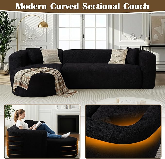 110 Inch Boneless Couches for Living Room Modern Modular Sectional Curved Sofa with Chaise Minimalist L-Shape Cloud Sectional Couch No Assembly Required (Black Left-Facing Chaise)