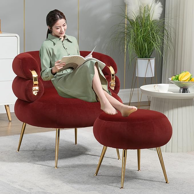 Velvet Oversized Armchair Accent Chair with Ottoman Mid-Century Modern Living Room Chairs Single Sofa Chair with Metal Legs Upholstered Tufted Reading Chairs for Bedroom Office (Wine Red)