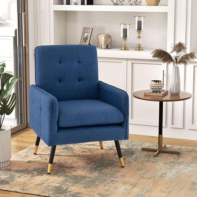 GOFLAME Modern Accent Chair Set of 2 Upholstered Leisure Armchair with Metal Legs Removable Seat Cushion Adjustable Foot Pads Linen Fabric Single Sofa Chair for Living Room Bedroom Office Blue