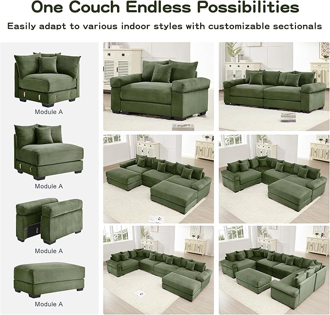 Cloud Couch Modular Sectional Sofa 54.3 Oversized Convertible Sofa Sectional Couches for Living Room Comfy Corduroy Upholstery Couch Deep Seat Extra-Wide Armrests Couches Green