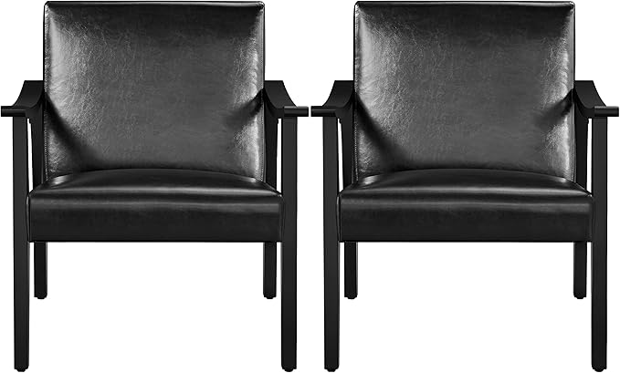 Topeakmart Faux Leather Accent Chair Mid Century Leisure Chair with Wooden Frame Modern Barrel for Living Room Bedroom 2 Pieces Black