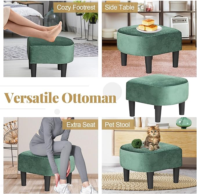 GOFLAME Accent Chair with Ottoman Modern Velvet Fabric Barrel Chair with Footrest Curved Backrest Removable Seat Cushion Upholstered Club Tub Sofa Reading Armchair for Living Room Bedroom Green