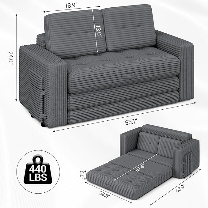 Convertible Boneless Sofa Bed 2 in 1 Pull Out Loveseat Sleeper Sofabed Folding Couch Bed with Pillows for Living Room Bedroom Small Space Grey