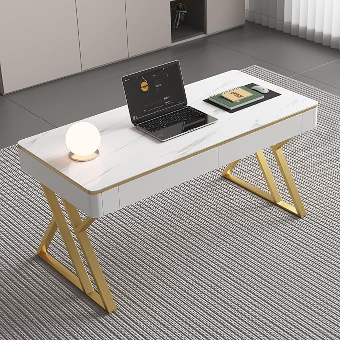 Modern Office Computer Desk with Tempered Glass Top &amp Marble Pattern White Wooden Gaming Desk with Drawers Thick Lacquered Writing Desk for Home Office Bedroom and Living Room (Z-104)