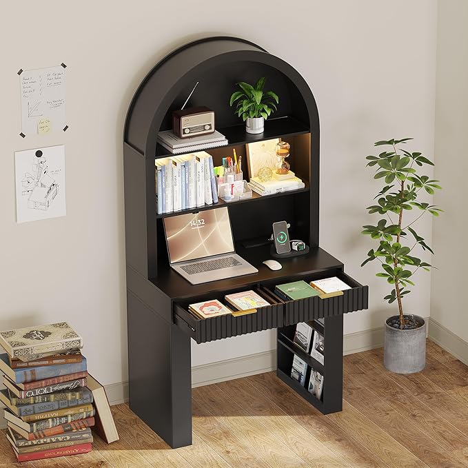 Arched Writing Desk with Hutch Home Office Desk with 2 Drawers Secretary Desk with Outlets 3 Color LED Lights Open Shelves Computer Desk for Small Space Bedroom 35.4 W x 70.8 H (Black)