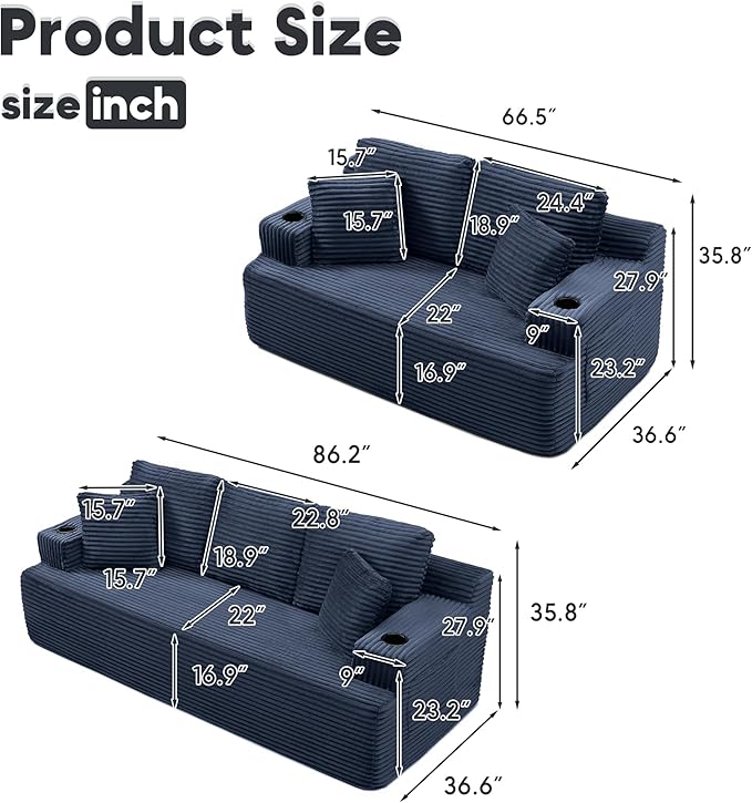 Boneless Sofa Couch Set with Cup Holders &amp Side Pockets Modern Corduroy Fabric Upholstered 3-seat Couch &amp Loveseat Set with 4 Throw Pillows for Living Room Office No Assembly (Blue)