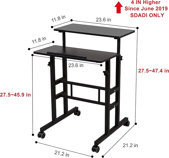 SDADI 2 Inches Carpet Wheels Mobile Desk Stand Up Height Adjustable Home Office with Standing and Seating 2 Modes for Room Black