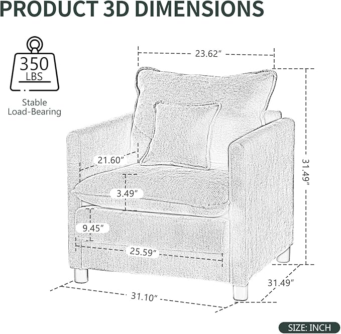 Modern Living Room Accent Chair Comfy Reading Armchair Oversized Chenille Upholstered Single Sofa Chair with Pillow for Bedroom Office Apartment Home Theater Indoor (Dark Green)