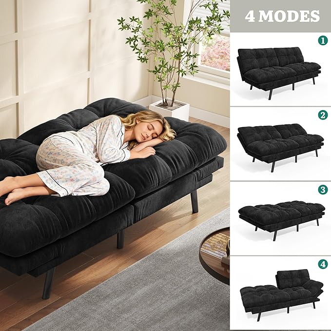 DWVO Sofa Bed with 3-Position Adjustable Backrest &amp Armrests Upholstered Loveseat Couch Bed Expandable Foldable Design for Living Room Bedroom Black