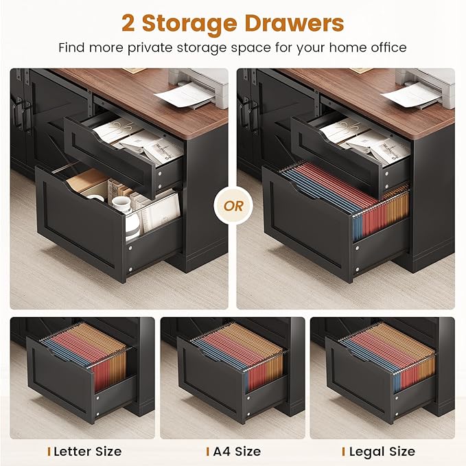 SEDETA Farmhouse L Shaped Standing Desk 55 inch Height Adjustable Corner Desk with Storage Drawers Standing Computer Desks with Power Outlets for Home Office Black