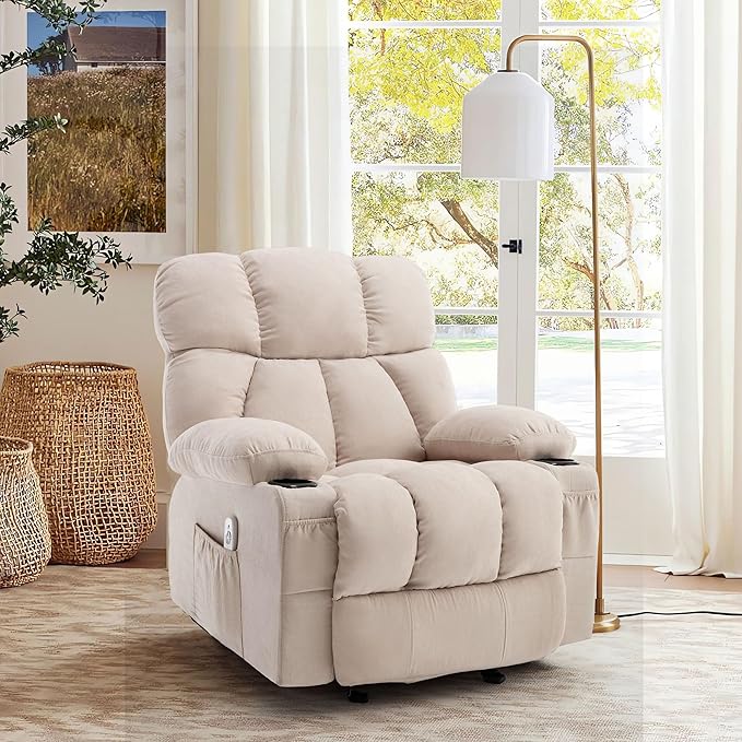 Massage Rocker Recliner Chair with Heat and Vibration Ergonomic Rocking Lounge Chair for Living Room Comfy Overstuffed Recliner with 4 Side Pockets2 Cup Holders USB Charge PortBeige