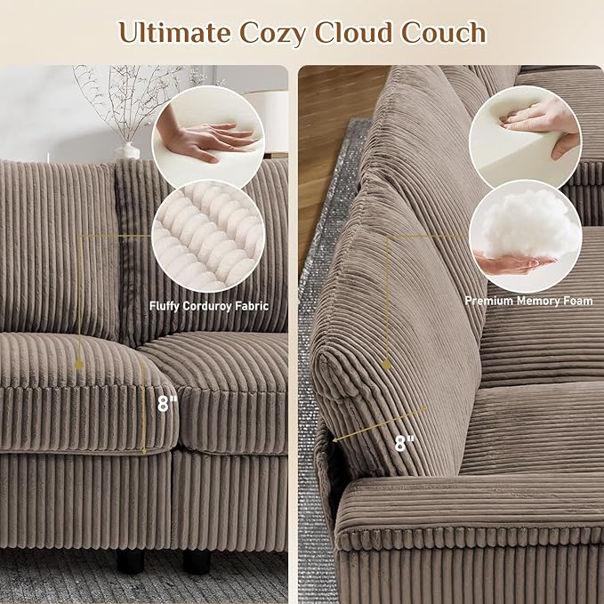 153 W x 60 D U Shape Sectional Sofa with USB Charging &amp Cup Holder &amp Storage 6 Seater Plush Corduroy Couches with Movable Ottoman Cloud Couch Sofas for Living Room DIY Combination - Brown