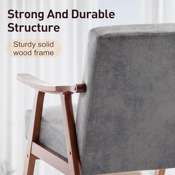 Mid Century Modern Accent Chairs with Solid Wood Frame Comfortable Accent Chair with Arms for Living Room or Bedroom Grey