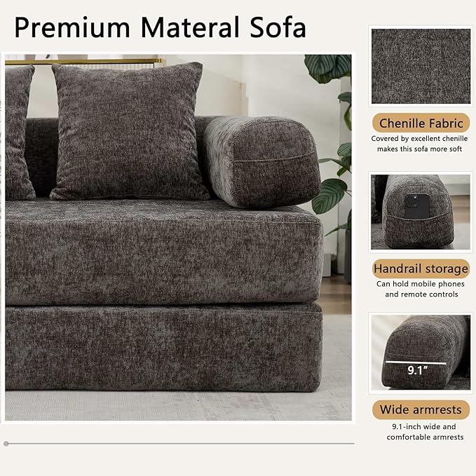 79 Inch 4-in-1 Convertible Sofa Bed Boneless Couches Chenille Folding Sleeper with Pull Out Bed Floor Futon Modular Lounge Loveseat Compressed Sofa No Assembly Required for Living Room (Gray)