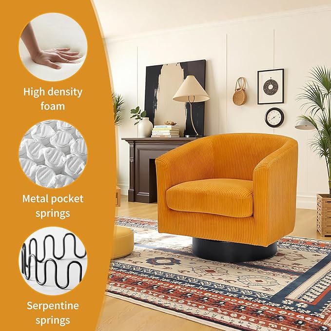 Swivel Accent Chair 360°Swivel Barrel Chair Comfy Upholstered Corduroy Club Armchair for Living Room Reading Room Bedroom (Yellow)
