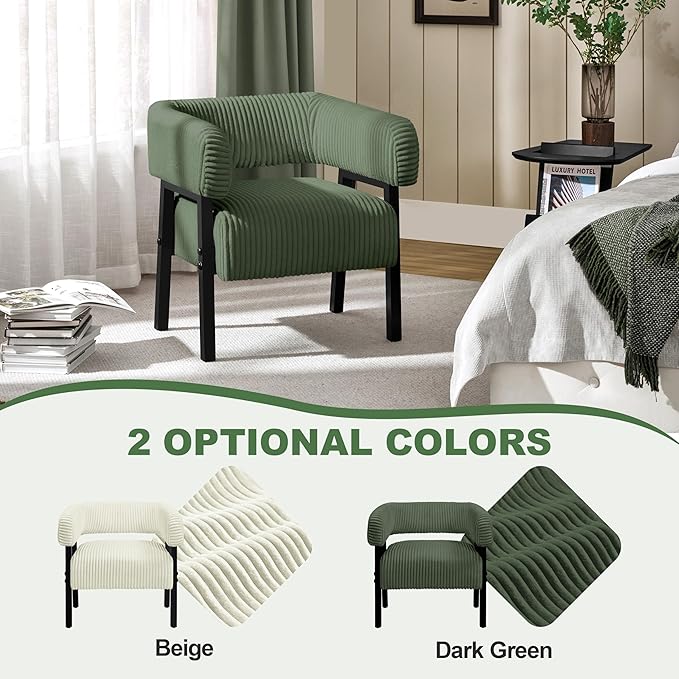 Yaheetech Corduroy Barrel Accent Chair Set of 2 Modern Upholstered Armchair with Solid Wood Legs Cozy Leisure Chair with Pocket Coiled Seat for Living Room Bedroom Reading Nook Dark Green