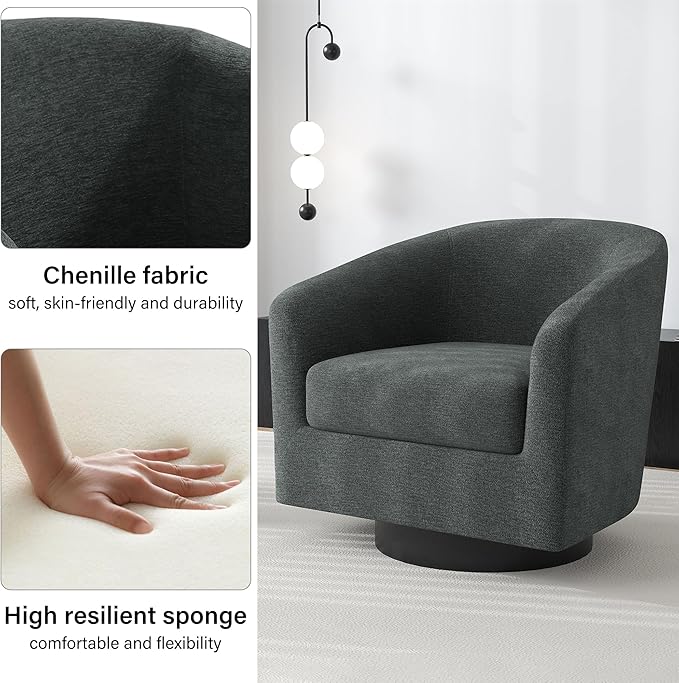 Swivel Barrel Accent Chair Modern Round Chenille Fabric Arm Chair for Living Room Bedroom Comfy Club Reading Chairs for Adults（Chenille Fabric Grey Set of 2