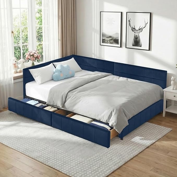 Queen Corner Bed Frame with Storage Drawers Modern Velvet Upholstered Sofa Day Bed Frame with Wood Slats for Living Room Bedroom Guest Room No Box Spring Needed Dark Blue