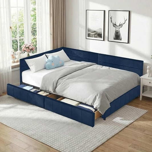Queen Corner Bed Frame with Storage Drawers Modern Velvet Upholstered Sofa Day Bed Frame with Wood Slats for Living Room Bedroom Guest Room No Box Spring Needed Dark Blue