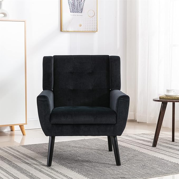 Set of 2 Velvet Accent Chair Mid-Century Modern Tufted Armchair for Living Room Bedroom &amp Office (Black)