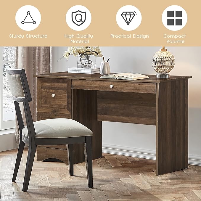 Compact Computer Desk Wooden Home Office Workstation with 3 Drawers Brown Modern Contemporary Rectangular