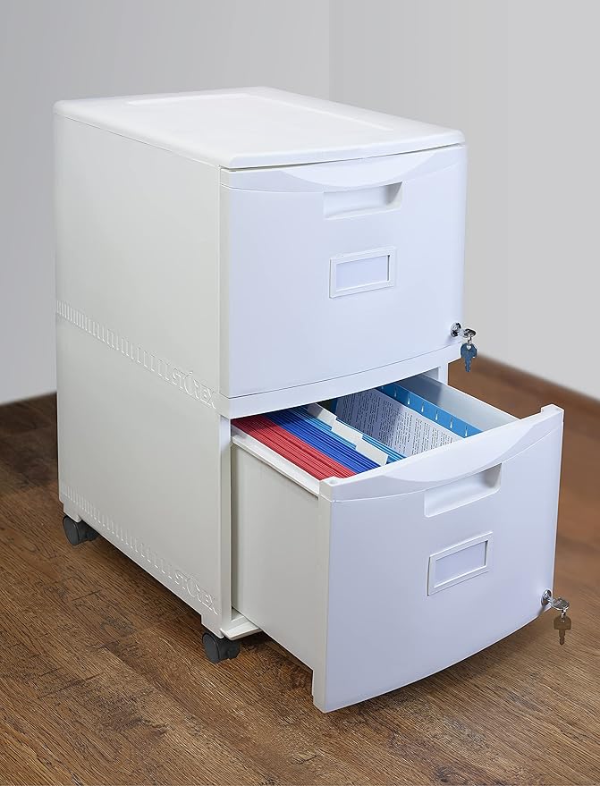 Storex Plastic Two-Drawer Mobile Pedestal File Cabinet – Locking Document Organizer with Casters for Home and Office White 1-Pack (61316A01C)