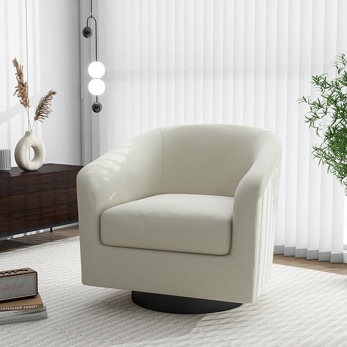 Swivel Barrel Accent Chair Modern Round Linen Arm Chair for Living Room Bedroom Comfy Club Reading Chairs for Adults（Linen Fabric Beige Set of 2