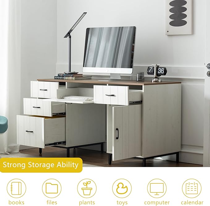 55 Executive Desk Modern Wood Office Table with Charging Station 5 File Drawer &amp 1 Storage Cabinet Home Computer Writing Desk for Work Study Living Room Bedroom (White)