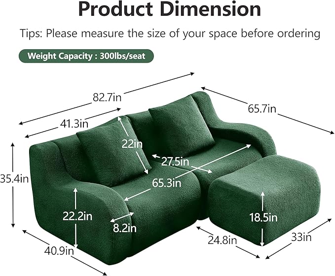 Oversized Modular Couches 82.7 Inch Sectional Boneless Sofa with Deep Seat L Shaped Couches for Living Room Apartment No Assembly Required (Green)