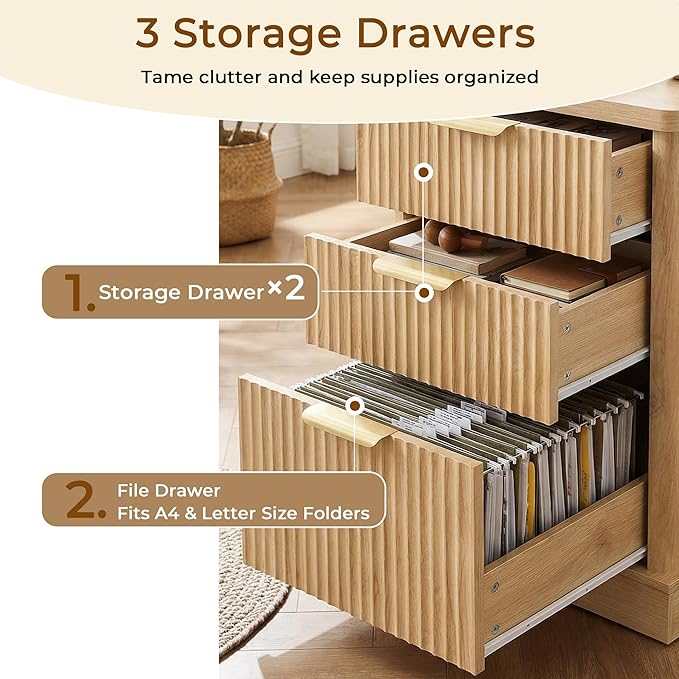 L Shaped Home Office Desk with Drawers Wood Corner Computer Desk with File Cabinet and Storage Shelf Executive Work Study Writing Table with Power Outlets and Monitor Stand 59 Inch Natural Wood