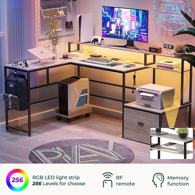 L Shaped Desk with Drawers 66 Home Office Desk with Power Outlet and Led Strip Reversible Computer Desk with Storage Shelves &amp Monitor Stand Large Corner Desk Gaming Desk Black