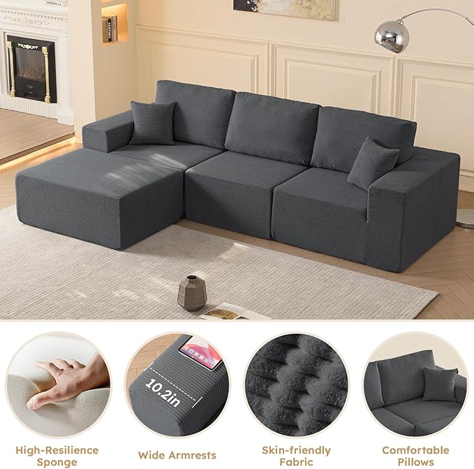 Modular Sectional Couch Modern 108 L Shaped Boneless Cloud Couch with Deep Seat Sectional Sofa for Living Room Bedroom Apartments Dorms No Assembly Required Dark Grey