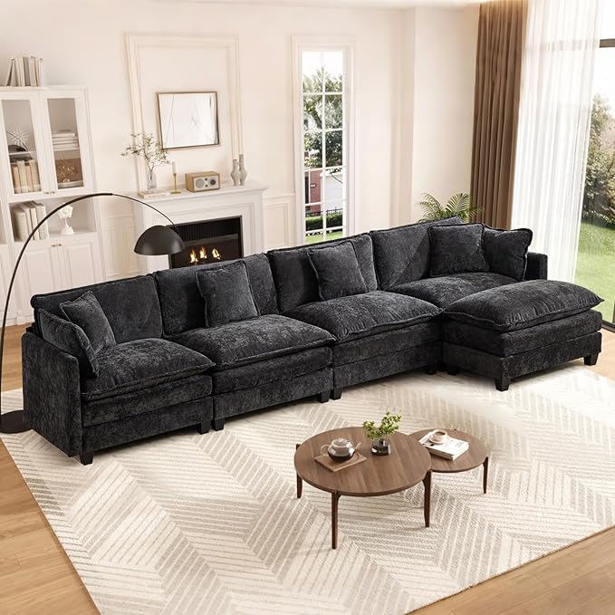Oversized 149.6 Modular Sectional Sofa - 4 Seater Convertible Chenille Deep Seat Cloud Couch with Ottoman &amp Pillows for Living RoomSmall Space Black