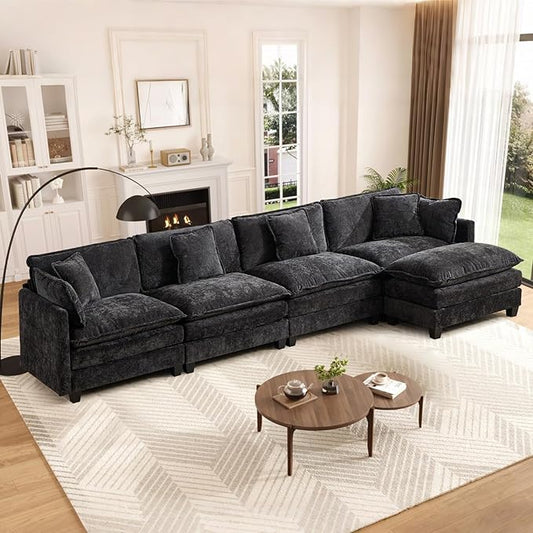 Oversized 149.6 Modular Sectional Sofa - 4 Seater Convertible Chenille Deep Seat Cloud Couch with Ottoman &amp Pillows for Living RoomSmall Space Black