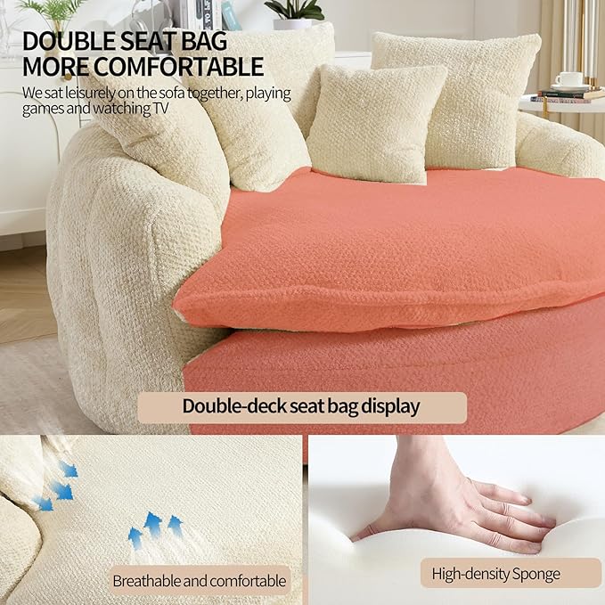 Round Oversized Lounge Chair with Ottoman - Cloud Comfy Boneless Sofa Chair for Living Room Relaxation (Beige Chair and Ottoman)