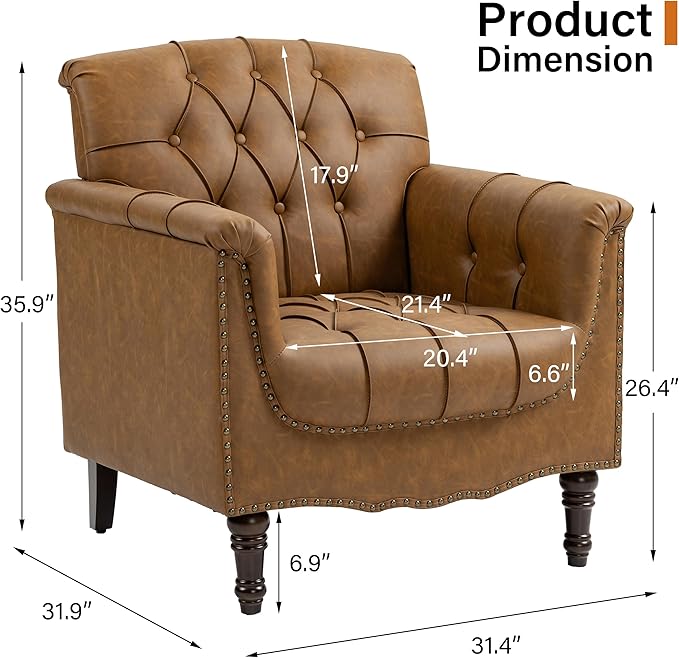 Faux Leather Club Chair Retro Upholstered Armchair Accent Chair with Solid Wood Legs &amp Nailhead Trim for Living Room Bedroom Reading Room Camel
