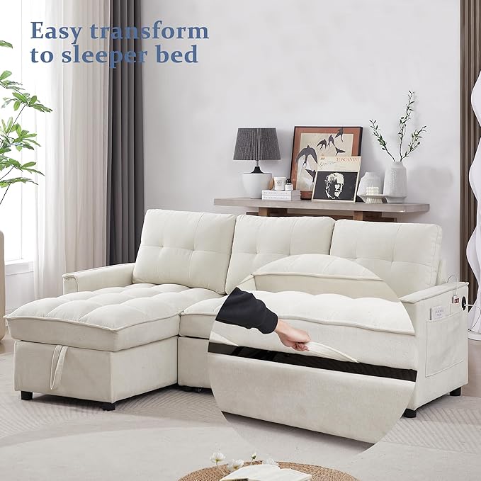 Reversible Sectional Sleeper Sofa - Pull Out Sofa Bed Couch with USB and Tape-c Charging Ports L-Shape Sleeper Sectional Couch for Living Room Office and Small Apartment (Beige)