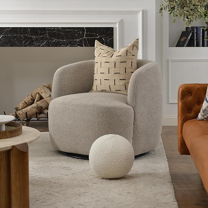 KINWELL 34 Wide Boucle Swivel Barrel Chair No Assembly Round Upholstered Armchair Accent Chair Single Sofa Chair with Toss Pillow for Living Room and Bedroom Taupe