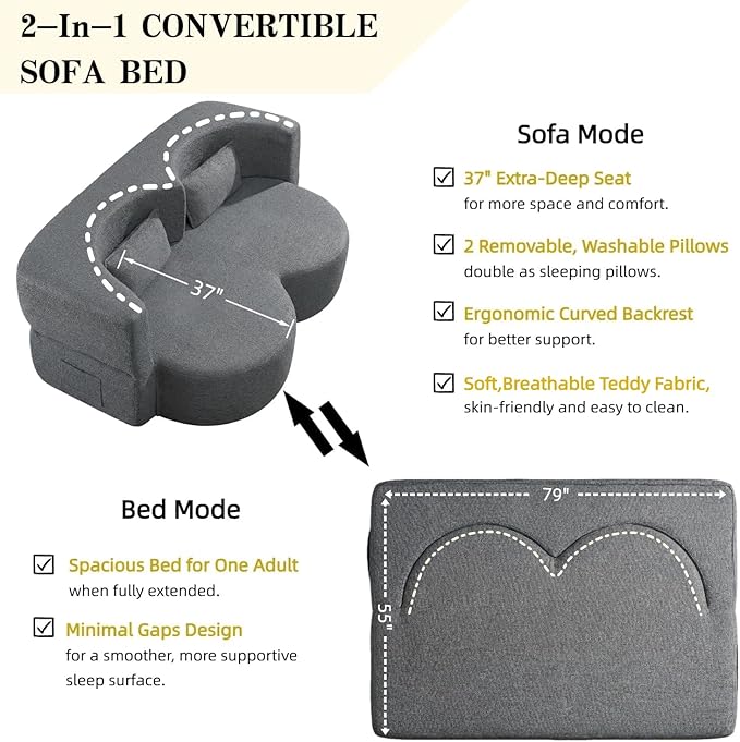 79 Convertible Folding Sofa Bed 2-in-1 Twin Size Loveseat Sleeper Couch with Two Pillows &amp Side Storage PocketsSpace-Saving | Design for Apartments &amp Living Room No Assembly(Dark Grey)