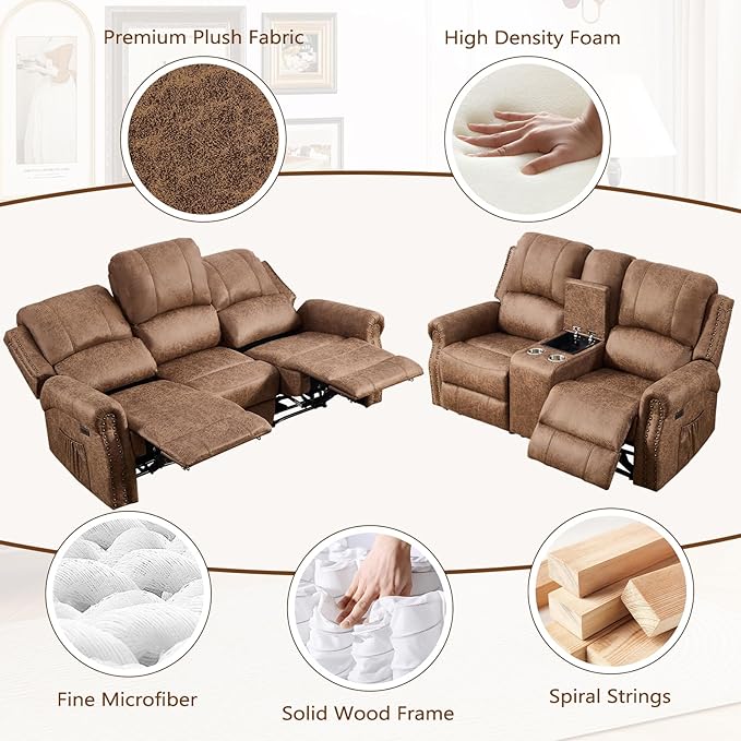 Classic 2 Electric Recliners with Massage &amp Heat for Adluts Faux Leather Power Recliner Chair with USB Port Overstuffed Heavy Duty Reclining Sofa with Rivets for Living Room Brown