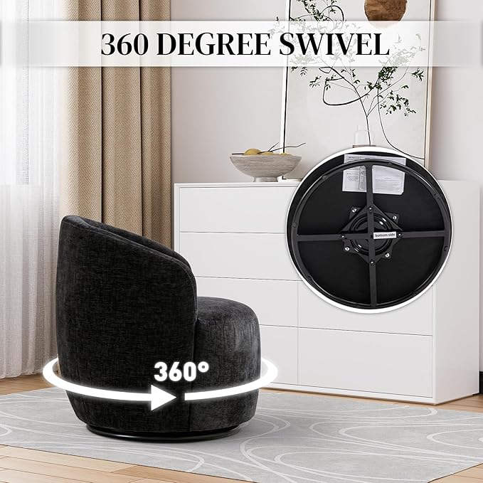 Swivel Barrel Chair Set of 2 360 Degree Boucle Swivel Accent Chair Upholstered Chenille Round Armchair Modern Small Reading Lounge Chair for Living Room Bedroom Office Black Chenille
