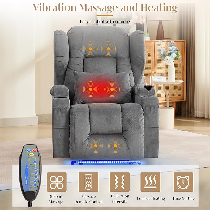 Wall Hugger Power Recliner Chair with Massage &amp Heat Electric Home Theater Reclining Chair with Cup Holder USB Port LED Light Linen Living Room Chair (Grey Single)