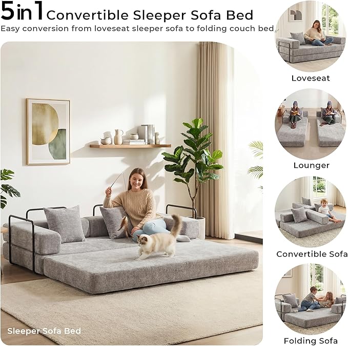 WELAX 77 Convertible Sleeper Sofa Bed Boneless Cloud Queen Futon Couches with 2 Pillows &amp Removable Armrests Chenille Folding Floor Couch No Assembly for Bedroom Living Room Light Grey
