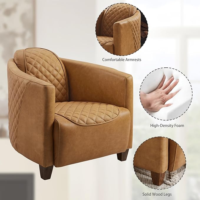 Zouron Genuine Leather Living Room Chair Mid Century Modern Single Sofa Chair with Wooden Legs Upholstered Barrel Accent Chair for Living Room Bedroom Home Office 1 Pcs Light Brown