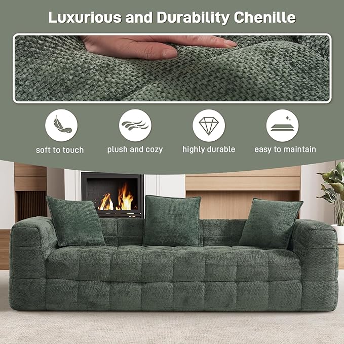 89.8 Boneless CouchComfy Cloud Sectional Sofa with Deep SeatModern Upholstered Chenille Love Seat Sofa Oversized Couches for Living Room No Assembly Required Tufted Sofas Green