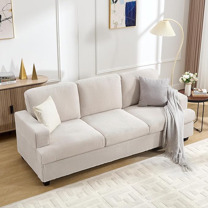 85 Inch Sofa with Side Pocket Corduroy Fabric 3 Seater Couch for Living Room Comfy Modern Small Couch for Bedroom Small Spaces Dorms Office Beige