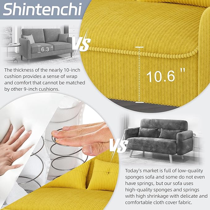 Shintenchi 47 Small Modern Loveseat Couch Sofa Fabric Upholstered 2-Seat Sofa Love Seat Furniture with 2 Pillows Wood Leg for Small Space Living Room Bedroom Apartment Yellow